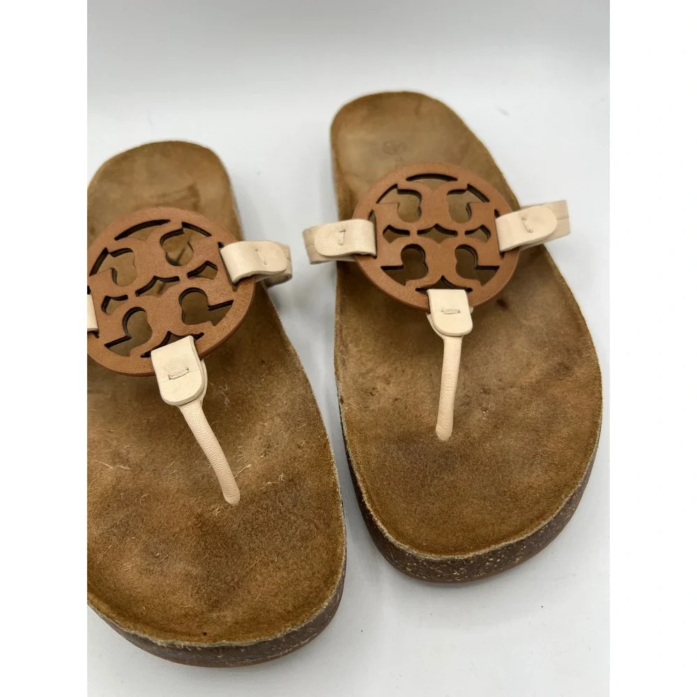 Tory Burch Miller Cloud Leather Thong Sandals Brown Cream Cork Insole Sz 10 EUC